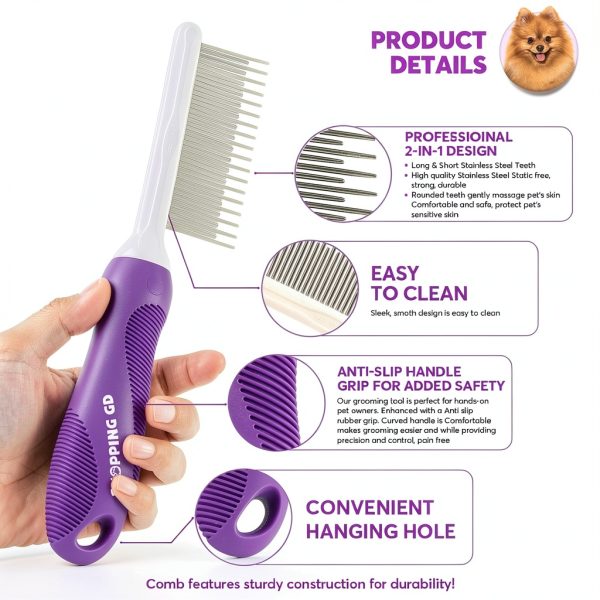 GENPEPADO Dog Cat Grooming Comb Stainless Steel Teeth-1